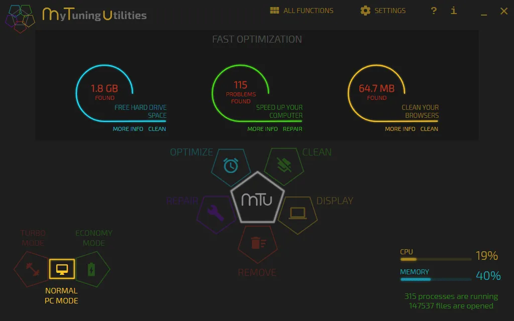 mytuning utilities dashboard showing disk space, problems found and browser data to clean