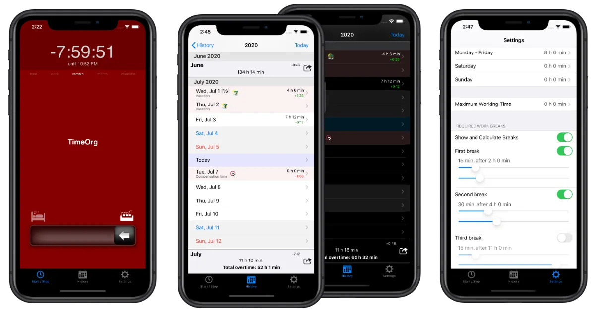 TimeOrg screens: running timer, monthly history and working-hour settings